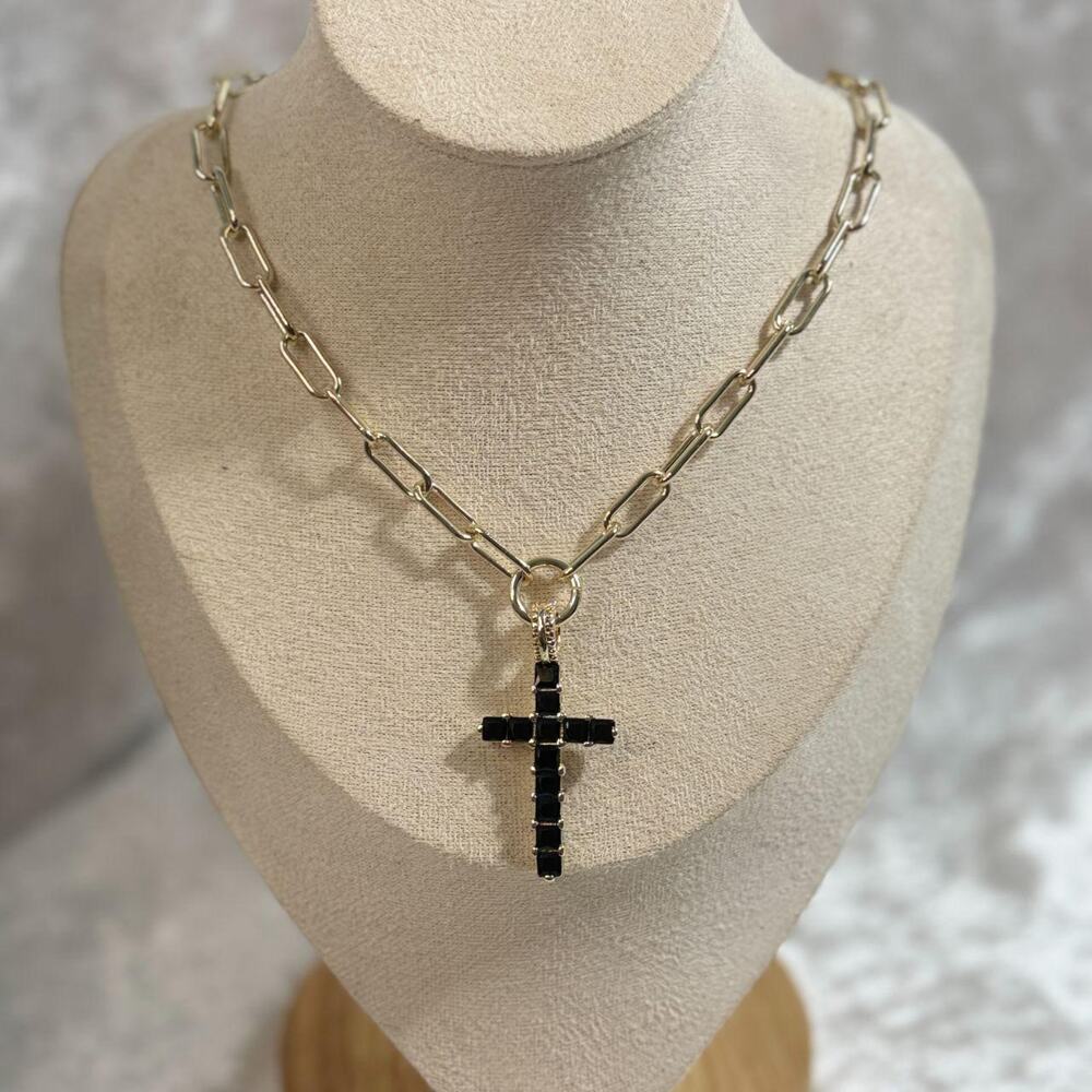 Gold Plated Stainless Steel Paperclip Chain Necklace with Black CZ Cross Pendant